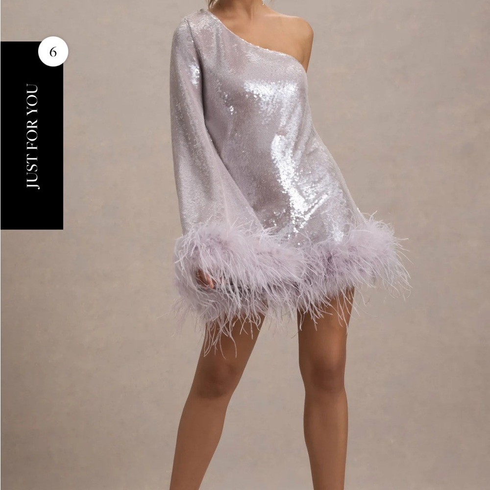 Club London Size 8 Silver Sequin One-Shoulder Dress with Feather Trim Lilac